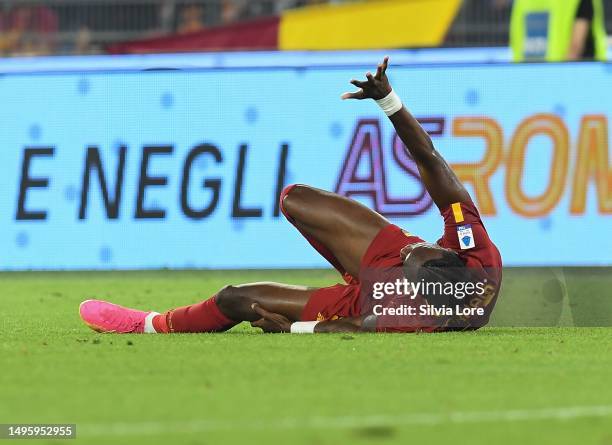 Tammy Abraham of AS Roma lies on the pitch with an injury during the Serie A match between AS Roma and Spezia Calcio at Stadio Olimpico on June 04,...