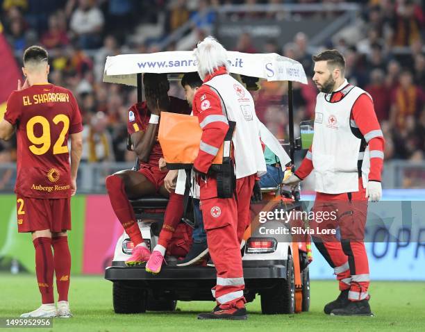 Tammy Abraham of AS Roma lies on the pitch with an injury during the Serie A match between AS Roma and Spezia Calcio at Stadio Olimpico on June 04,...