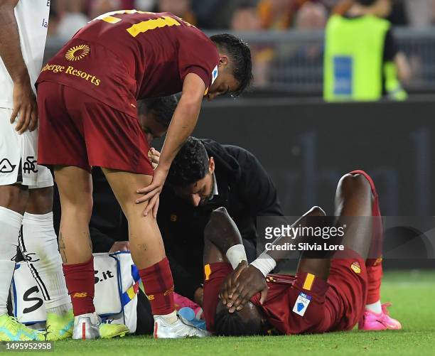 Tammy Abraham of AS Roma lies on the pitch with an injury during the Serie A match between AS Roma and Spezia Calcio at Stadio Olimpico on June 04,...