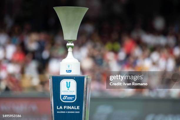 The Coppa Italia women's trophy before the women Coppa Italia 2022/23 final match between Juventus FC and AS Roma at Stadio Arechi on June 04, 2023...