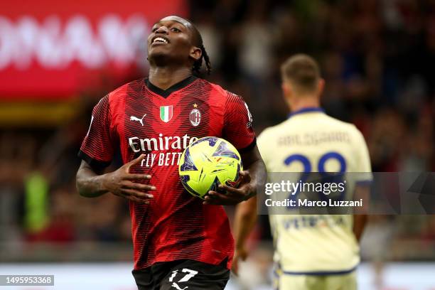 Rafael Leao of AC Milan celebrates after scoring their sides third goal during the Serie A match between AC MIlan and Hellas Verona at Stadio...