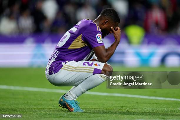 Cyle Larin of Real Valladolid CF looks dejected after the LaLiga Santander match between Real Valladolid CF and Getafe CF at Estadio Municipal Jose...