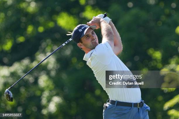 Denny McCarthy of the United States hits a tee shot on the 18th hole during the final round of the Memorial Tournament presented by Workday at...