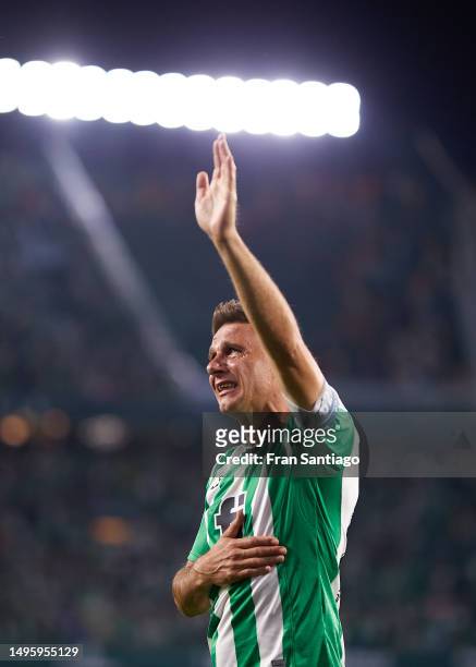 Joaquin Sanchez of Real Betis thanks for the support to the fans after the LaLiga Santander match between Real Betis and Valencia CF at Estadio...