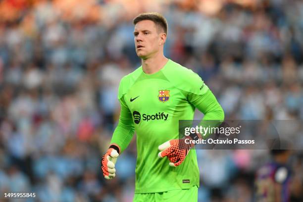 Marc-Andre ter Stegen of FC Barcelona looks on during the LaLiga Santander match between RC Celta and FC Barcelona at Estadio Balaidos on June 04,...