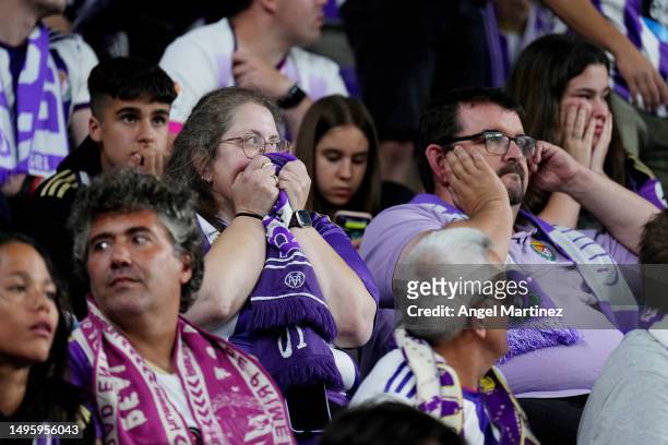 Real Valladolid CF fans react during the LaLiga Santander match between Real Valladolid CF and Getafe CF at Estadio Municipal Jose Zorrilla on June...