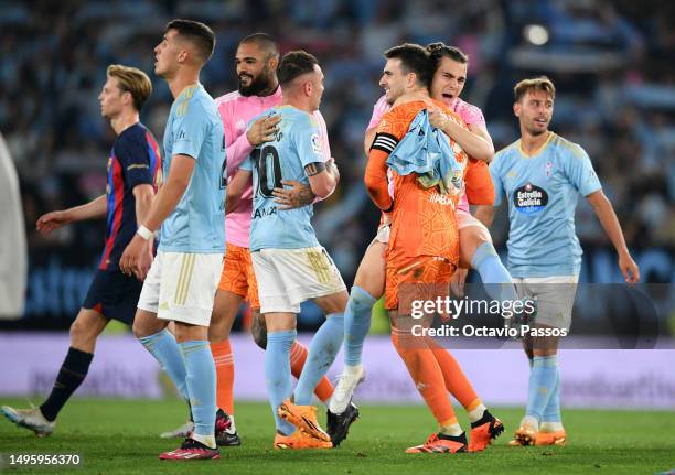 Ivan Villar and Miguel Rodriguez of RC Celta celebrate following the LaLiga Santander match between RC Celta and FC Barcelona at Estadio Balaidos on...