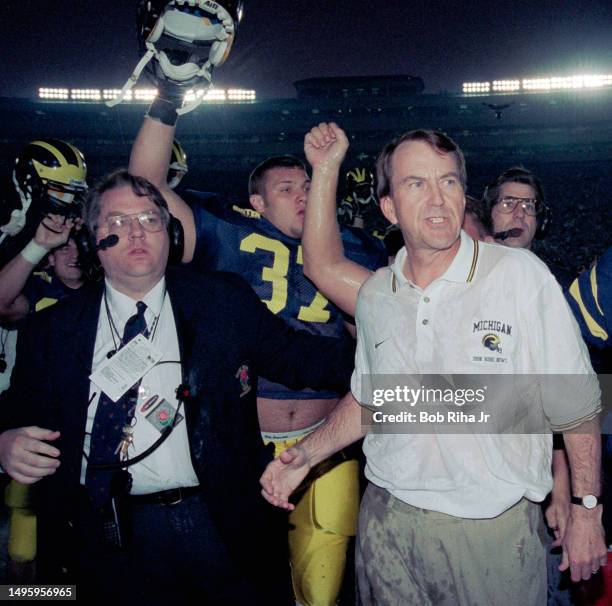 University of Michigan Football Head Coach Lloyd Carr following victory in Rose Bowl game of Michigan Wolverines against Washington State Cougars,...