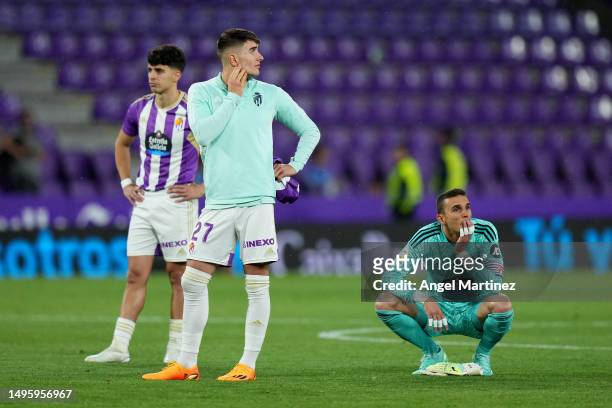 Alvaro Aguado, Ivan Fresneda and Jordi Masip of Real Valladolid CF look dejected after the LaLiga Santander match between Real Valladolid CF and...
