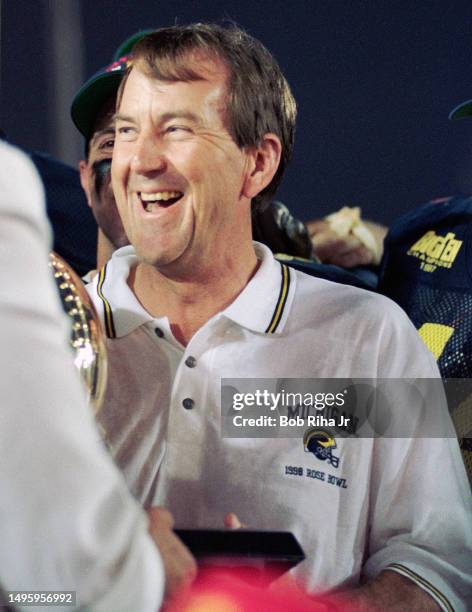 University of Michigan Football Head Coach Lloyd Carr following victory in Rose Bowl game of Michigan Wolverines against Washington State Cougars,...