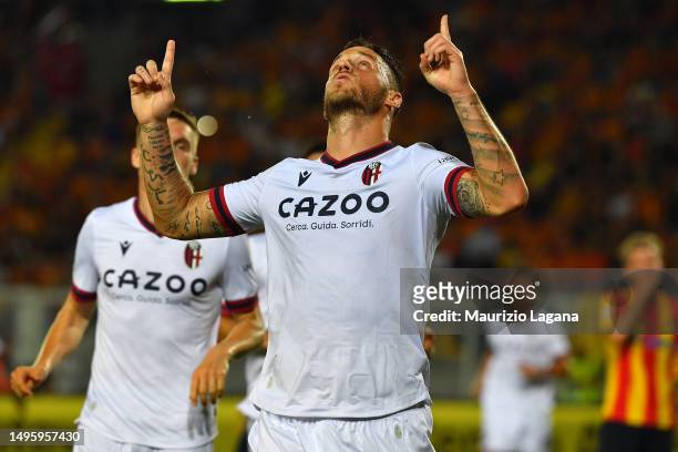 Marko Arnautovic of Bologna celebrates during the Serie A match between US Lecce and Bologna FC at Stadio Via del Mare on June 04, 2023 in Lecce,...