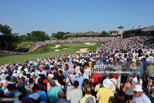 General view of the 18th green and clubhouse during the final round of the Memorial Tournament presented by Workday at Muirfield Village Golf Club on...