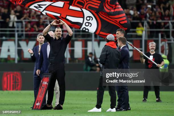 Zlatan Ibrahimovic of AC Milan acknowledges fans after the Serie A match between AC MIlan and Hellas Verona at Stadio Giuseppe Meazza on June 04,...