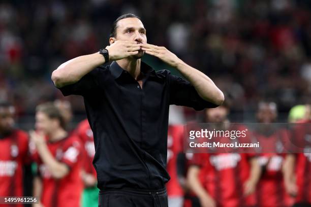 Zlatan Ibrahimovic of AC Milan acknowledges fans after the Serie A match between AC MIlan and Hellas Verona at Stadio Giuseppe Meazza on June 04,...