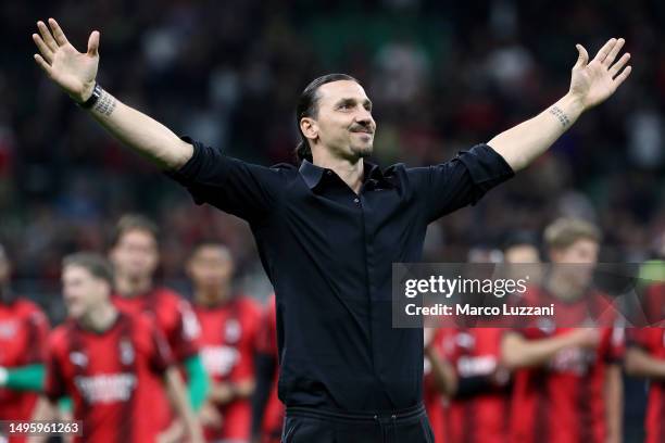 Zlatan Ibrahimovic of AC Milan acknowledges fans after the Serie A match between AC MIlan and Hellas Verona at Stadio Giuseppe Meazza on June 04,...