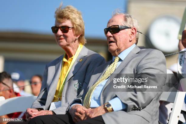 Tournament Host Jack Nicklaus and his wife Barbara watch on the 18th green during the final round of the Memorial Tournament presented by Workday at...