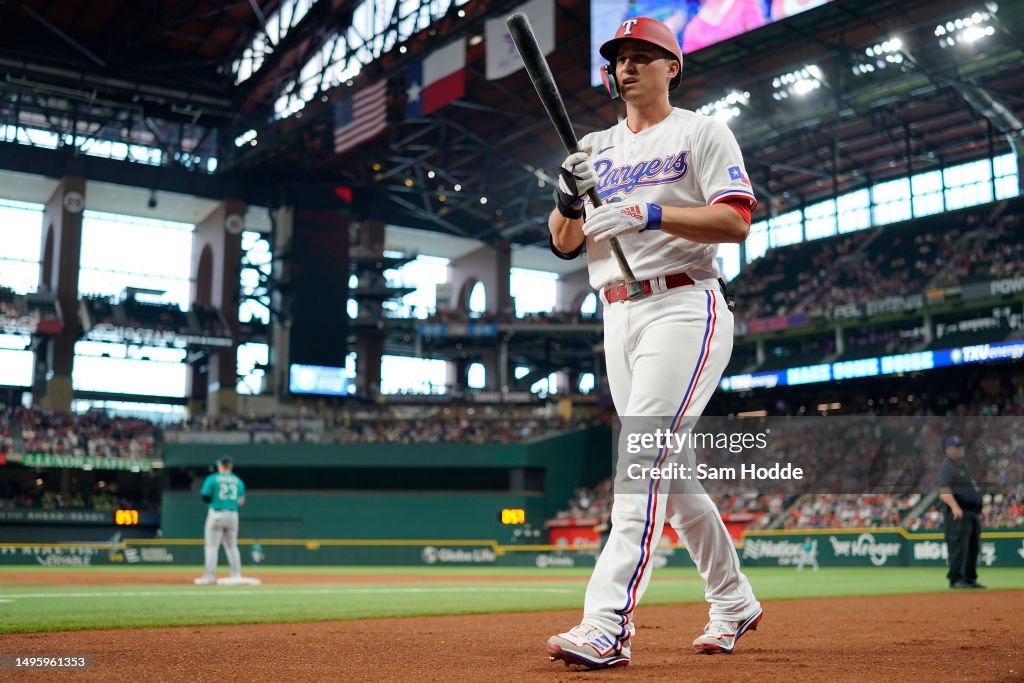 Seattle Rangers Corey Seager of the Texas Rangers walks to the on deck circle during ...