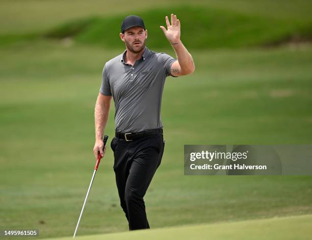 Grayson Murray salutes the gallery on the ninth hole during the final round of the UNC Health Championship presented by STITCH at Raleigh Country...