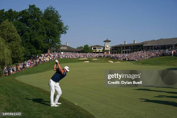 Viktor Hovland of Norway hits from the 18th fairway during a playoff in the final round of the Memorial Tournament presented by Workday at Muirfield...