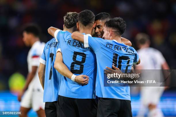 Players of Uruguay celebrates the team's second goal after Joshua Wynder of USA scored an own goal during the FIFA U-20 World Cup Argentina 2023...