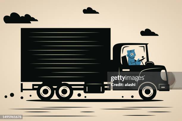 ein lächelnder blauer mann, der einen lastwagen fährt - trucker stock-grafiken, -clipart, -cartoons und -symbole