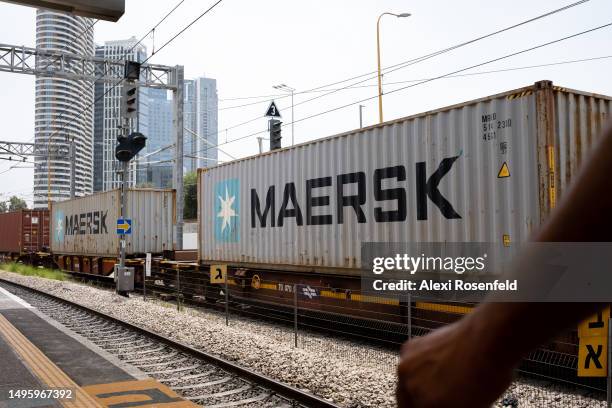 Maersk cargo containers pass through the Savidor train station on June 01, 2023 in Tel Aviv, Israel. Despite the recent IDF operation 'Shield and...