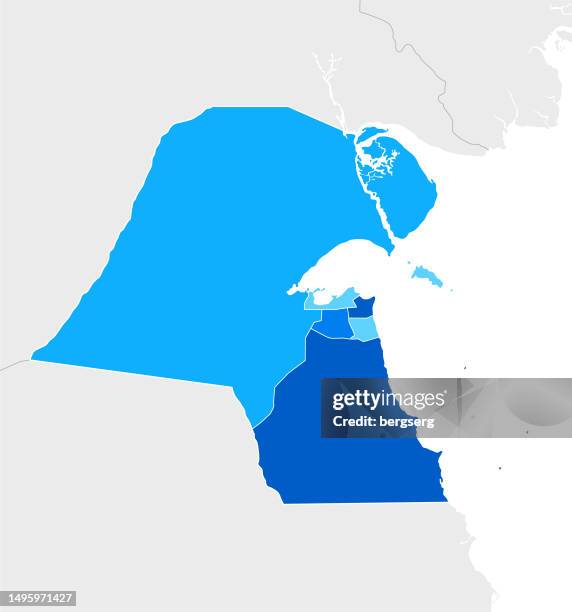 stockillustraties, clipart, cartoons en iconen met high detailed kuwait blue map with regions and national borders of iran, iraq and saudi arabia - kuwait