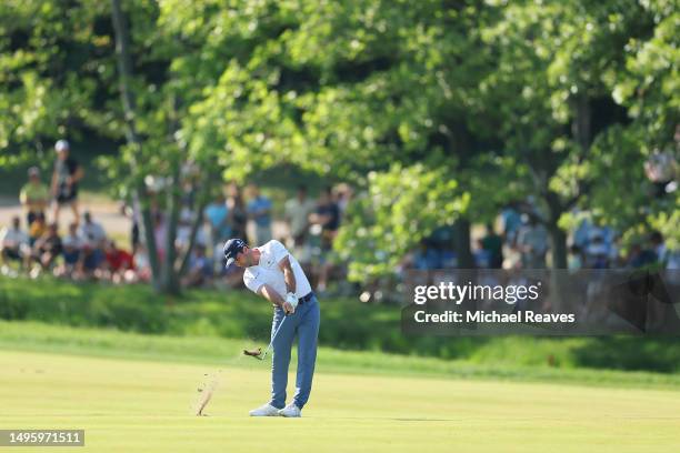 Denny McCarthy of the United States plays a shot on the 18th hole during the final round of the Memorial Tournament presented by Workday at Muirfield...
