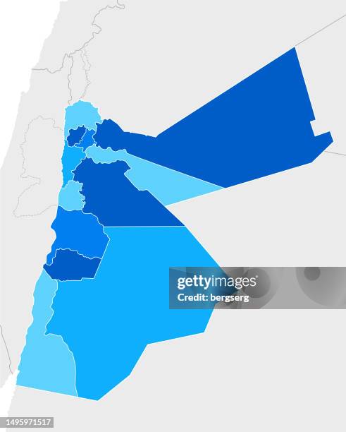 ilustraciones, imágenes clip art, dibujos animados e iconos de stock de mapa azul de jordania altamente detallado con regiones y fronteras nacionales de líbano, israel, siria, irak y arabia saudita - jordan middle east