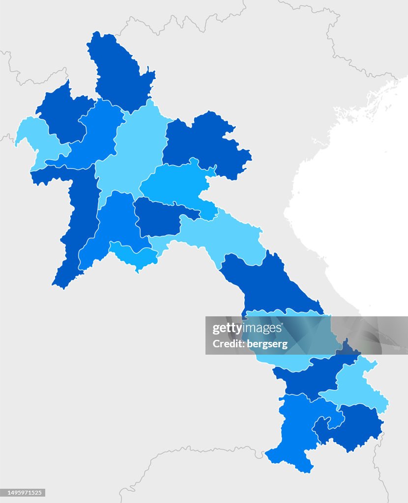 High detailed Laos Blue map with Regions and national borders of Vietnam, China, Thailand and Cambodia