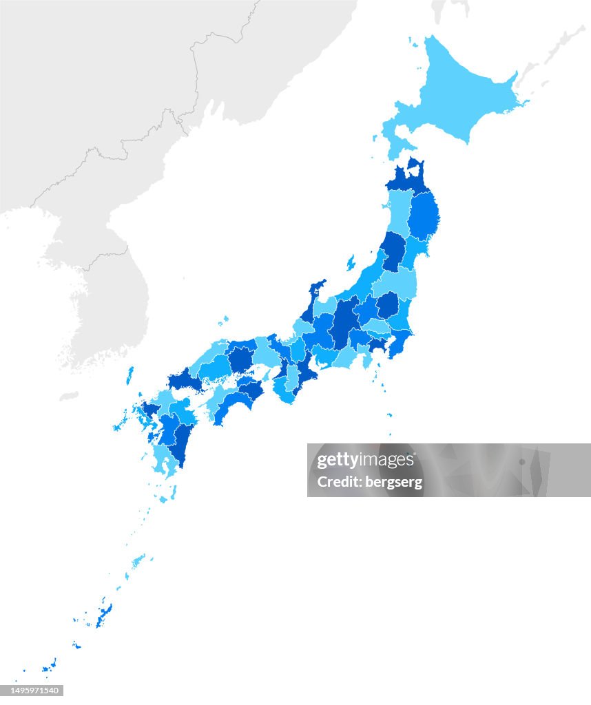 High detailed Japan Blue map with Regions and national borders of South Korea, Russia and North Korea