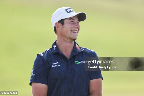 Viktor Hovland of Norway celebrates winning the Memorial Tournament presented by Workday in a playoff over Denny McCarthy of the United States at...