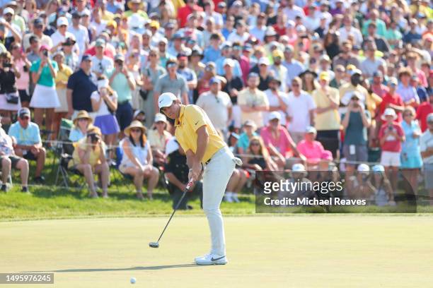 Rory McIlroy of Northern Ireland putts on the 18th green during the final round of the Memorial Tournament presented by Workday at Muirfield Village...
