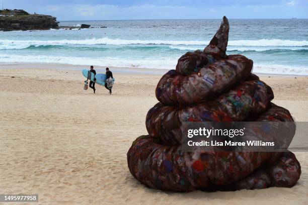Sculpture titled 'Plastic pile of sh!t, 2023' presented by Better Packaging Co. Is seen on display at Bondi Beach on June 05, 2023 in Sydney,...