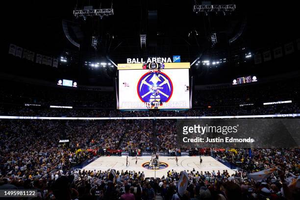 General view as Nikola Jokic of the Denver Nuggets tips off against Bam Adebayo of the Miami Heat during the first quarter in Game Two of the 2023...