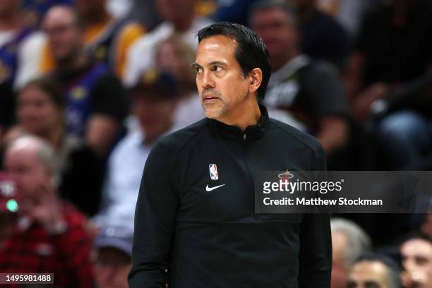Head coach Erik Spoelstra of the Miami Heat looks on during the first quarter against the Denver Nuggets in Game Two of the 2023 NBA Finals at Ball...