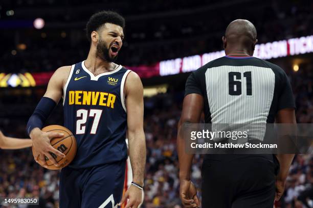 Jamal Murray of the Denver Nuggets reacts during the first quarter against the Miami Heat in Game Two of the 2023 NBA Finals at Ball Arena on June...
