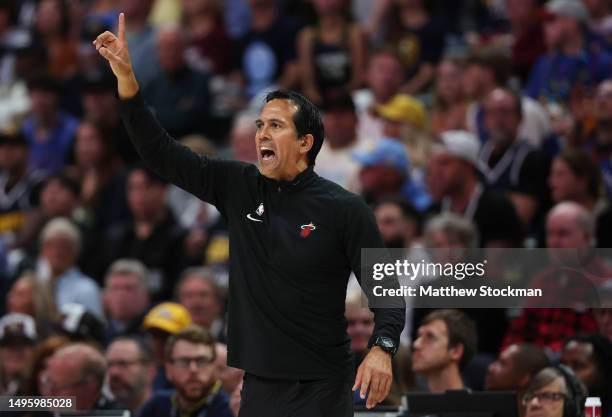 Head coach Erik Spoelstra of the Miami Heat shouts instructions to his team during the first quarter against the Denver Nuggets in Game Two of the...