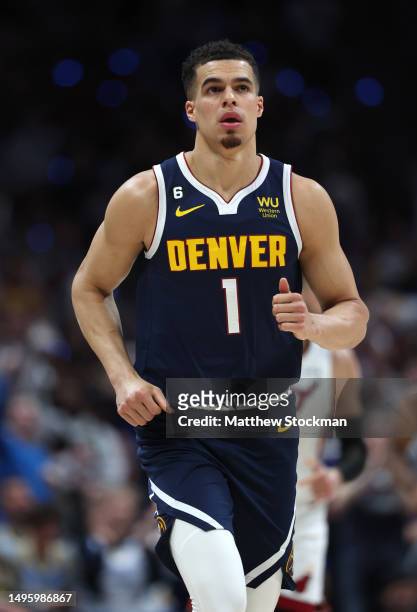 Michael Porter Jr. #1 of the Denver Nuggets reacts during the first quarter against the Miami Heat in Game Two of the 2023 NBA Finals at Ball Arena...