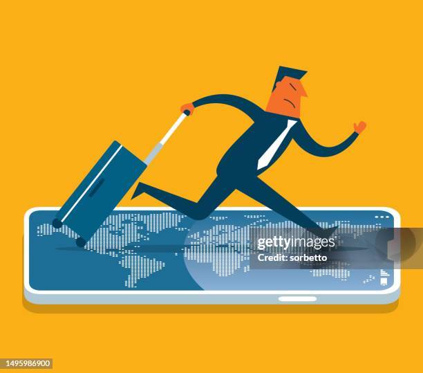travelling tickets - smartphone - customer leaving store stock illustrations