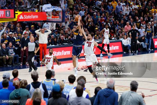 Jamal Murray of the Denver Nuggets drives to the basket during the second quarter against the Miami Heat in Game Two of the 2023 NBA Finals at Ball...