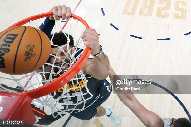 Jamal Murray of the Denver Nuggets dunks during the first half against the Miami Heat in Game Two of the 2023 NBA Finals at Ball Arena on June 04,...