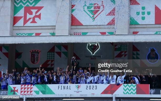 Porto players celebrate with trophy after winning the Portuguese Cup Final at the end of the Portuguese Cup Final match between SC Braga and FC Porto...