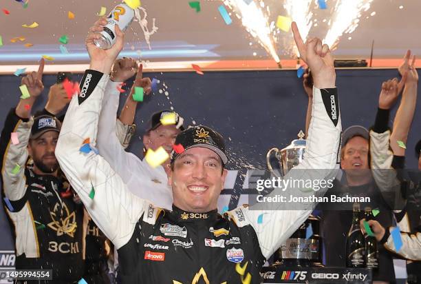 Kyle Busch, driver of the 3CHI Chevrolet, celebrates in victory lane after winning the NASCAR Cup Series Enjoy Illinois 300 at WWT Raceway on June...