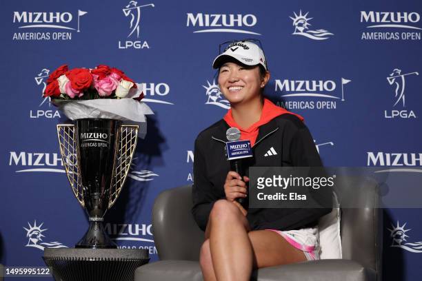 Rose Zhang of the United States speaks during a press conference after a playoff win against Jennifer Kupcho of the United States in the final round...