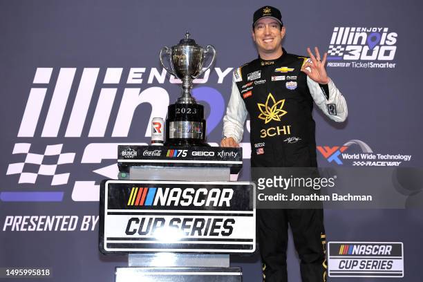 Kyle Busch, driver of the 3CHI Chevrolet, celebrates in victory lane after winning the NASCAR Cup Series Enjoy Illinois 300 at WWT Raceway on June...