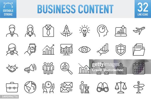 business content - thin line vector icon set. pixel perfect. editable stroke. for mobile and web. the set contains icons: businessman, businesswoman, career, business person, group of people, teamwork, skill, vision, innovation - best content production group stock illustrations