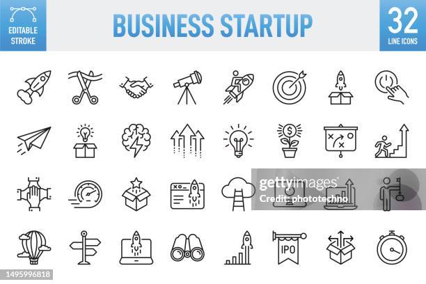 illustrazioni stock, clip art, cartoni animati e icone di tendenza di business startup - set di icone vettoriali a linea sottile. pixel perfetto. tratto modificabile. per mobile e web. il set contiene icone: startup, evento di lancio, inizi, nuova attività, motivazione, razzo, apertura, stretta di mano, finanza, fare soldi, - pulsante di attivazione o disattivazione