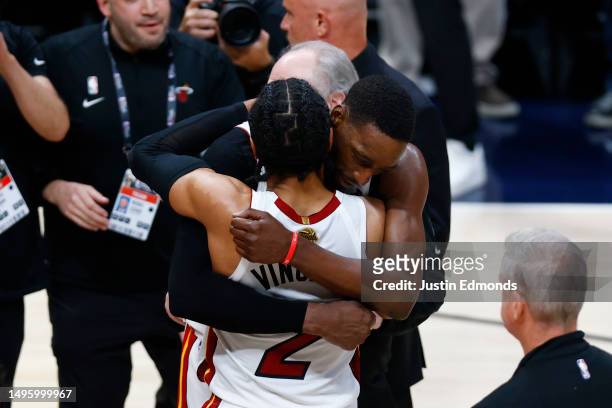 Bam Adebayo and Gabe Vincent of the Miami Heat celebrate after a 111-108 victory against the Denver Nuggets in Game Two of the 2023 NBA Finals at...