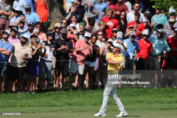 Rory McIlroy of Northern Ireland hits from the 11th fairway during the final round of the Memorial Tournament presented by Workday at Muirfield...